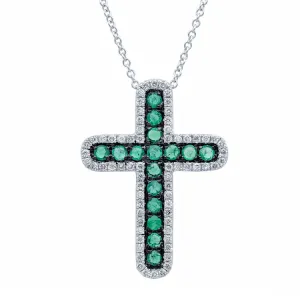 0.21ct Diamond & 0.33ct Emerald 14k White Gold Cross Necklace