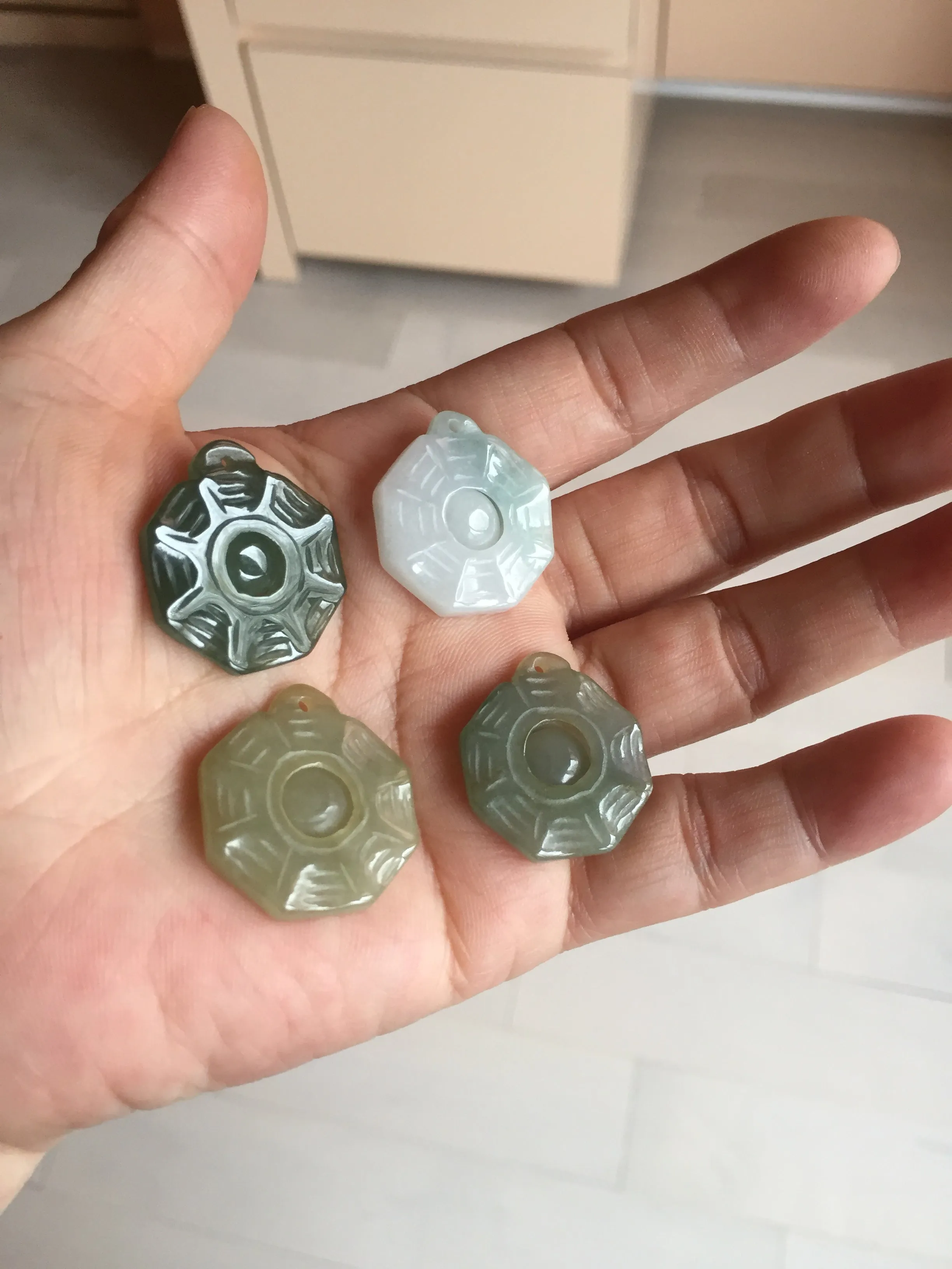 100% natural type A light green dark green jadeite jade 3D the eight trigrams(Bagua,八卦) pendant group AX151