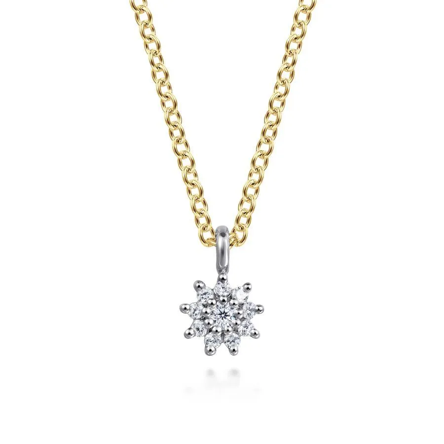 14K White and Yellow Gold Diamond Flower Pendant Necklace