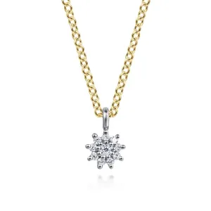 14K White and Yellow Gold Diamond Flower Pendant Necklace