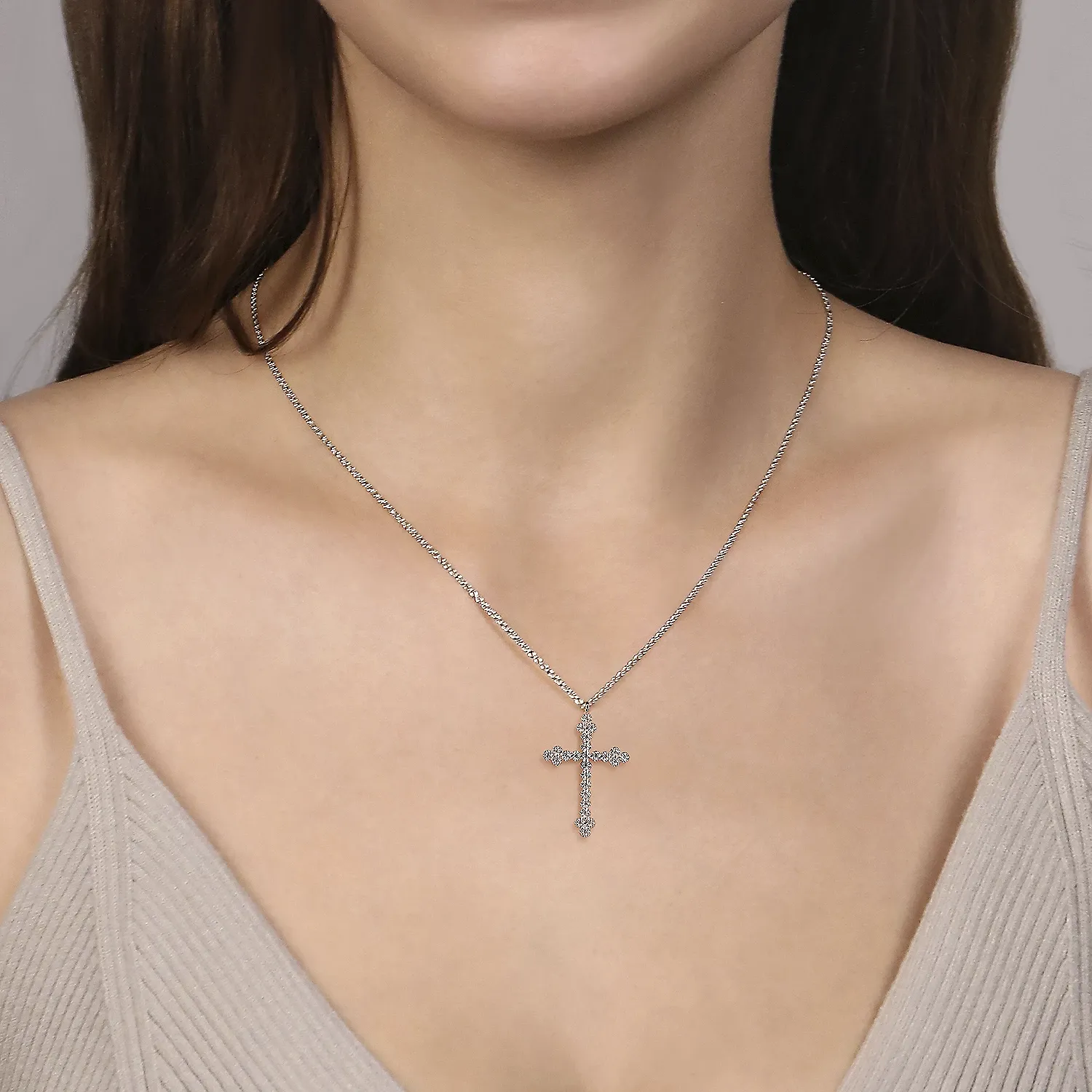 14K White Gold Diamond Cross Necklace