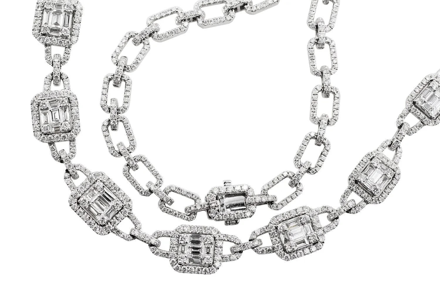 14k White Gold Round Baguette Diamond Necklace