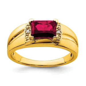 14k Yellow Gold Emerald Cut Created Ruby, Diamond Men's Ring.