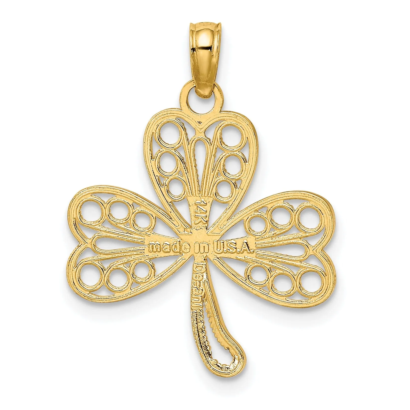 14K Yellow Gold Open Back Polished Finish Filigree Design 3-Leaf Clover Charm Pendant