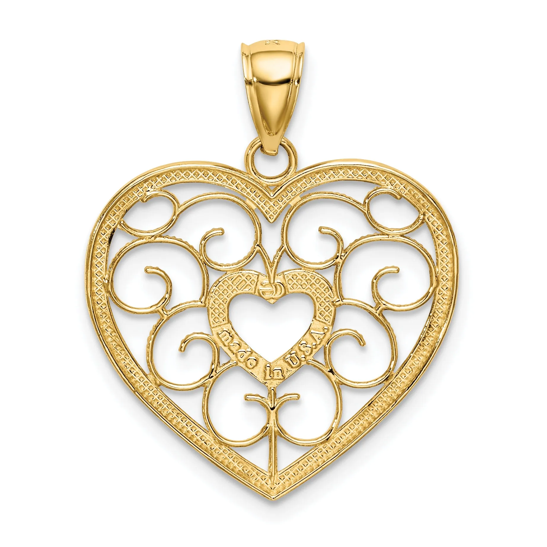 14k Yellow Gold Rhodium Filigree Heart Pendant