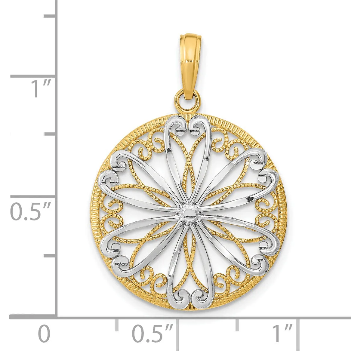 14K Yellow Gold, White Rhodium Filigree Center Fancy Beaded Design Round Shape Pendant