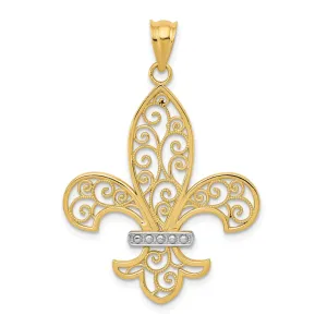 14k Yellow Gold White Rhodium Open Back Polished Finish Solid Mens Filigree Fleur de Lis Design Charm Pendant