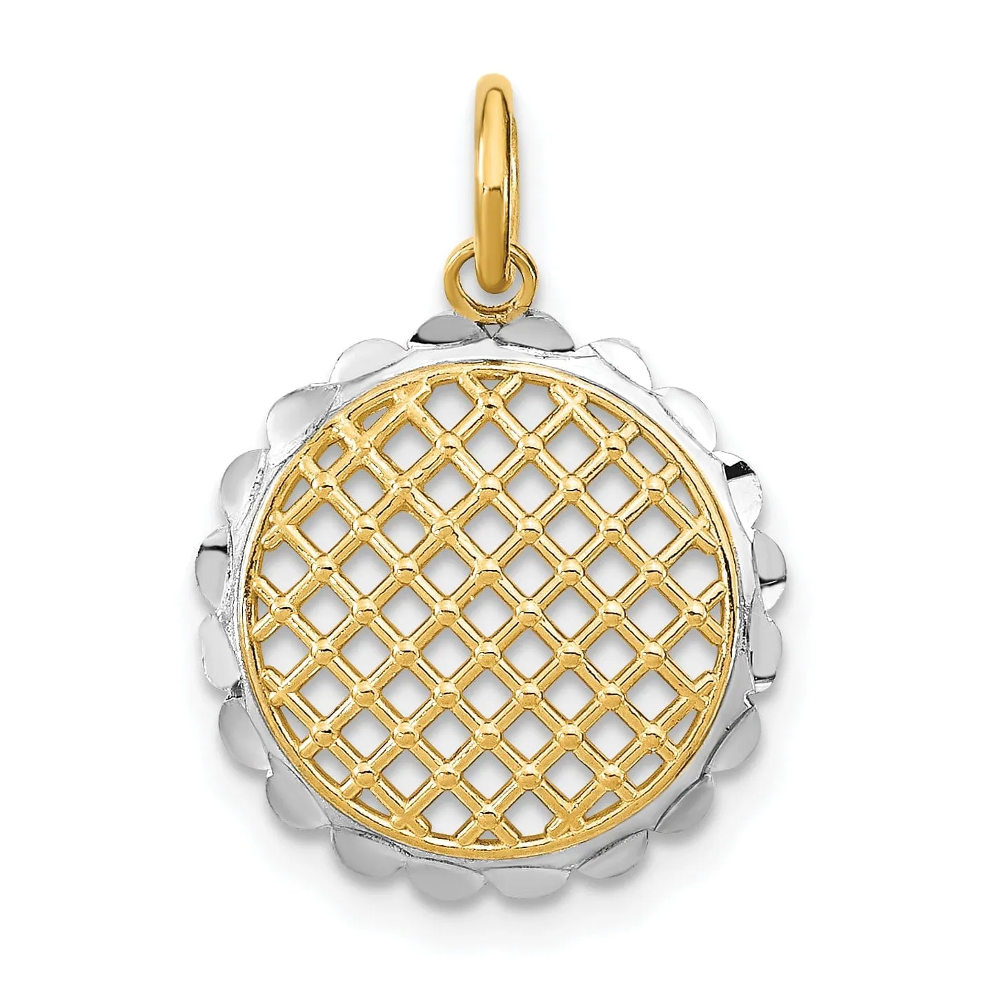 14K Yellow Gold, White Rhodium Polished Finish Filigree Mesh Sunflower Design Pendant