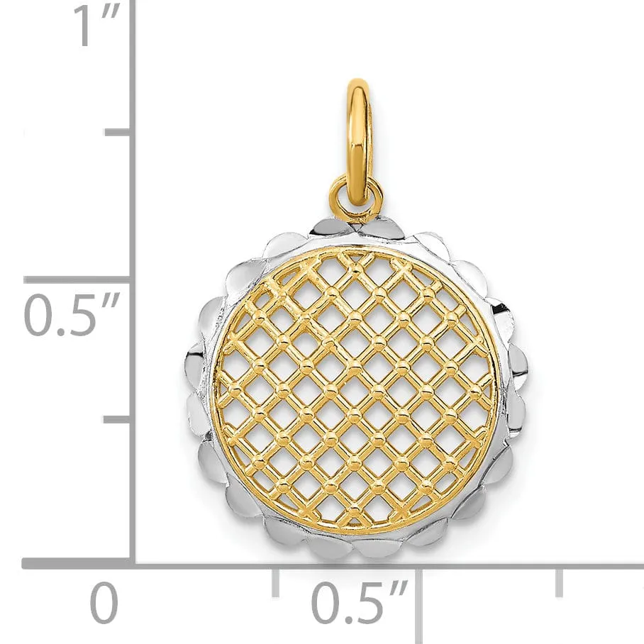 14K Yellow Gold, White Rhodium Polished Finish Filigree Mesh Sunflower Design Pendant