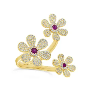 14KT GOLD 0.66 CTW RUBY & DIAMOND PAVÉ 3 FLOWER RING