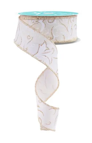 1.5" Glitter Leaf Filigree Ribbon: Ivory/White/Champagne