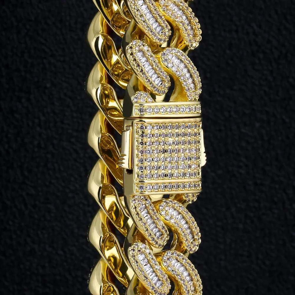 16mm Iced Out Baguette Cut Cuban Choker Chain in 14K Gold