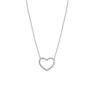 16"   2" Rhodium Plated Diamond Cut Heart Outline Necklace