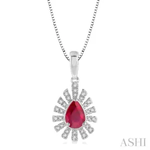 1/8 Ctw Bar Accent Pear Shape 6x4mm Ruby & Round Cut Diamond Precious Pendant With Chain in 10K White Gold