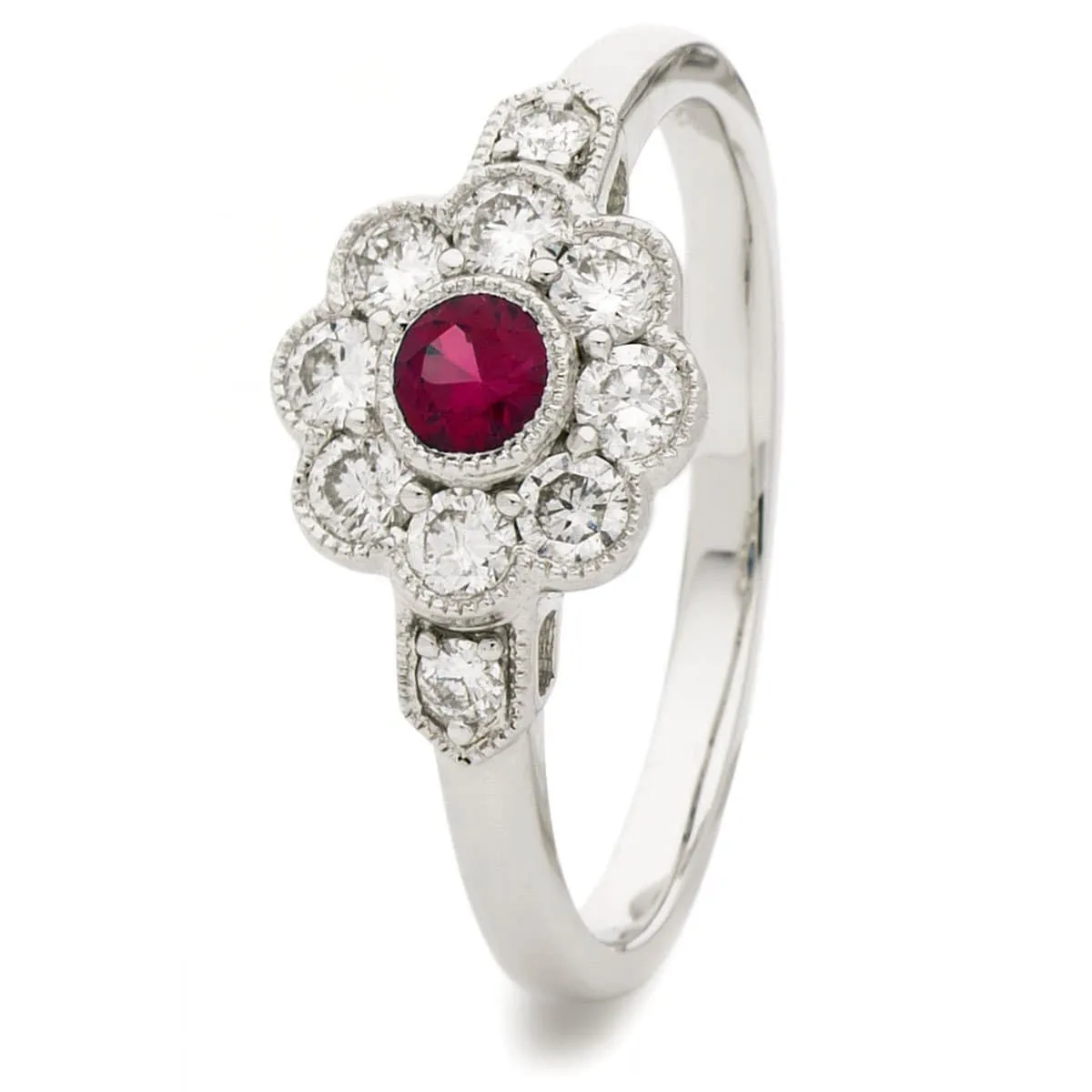 18ct White Gold Ruby Deco Cluster Ring