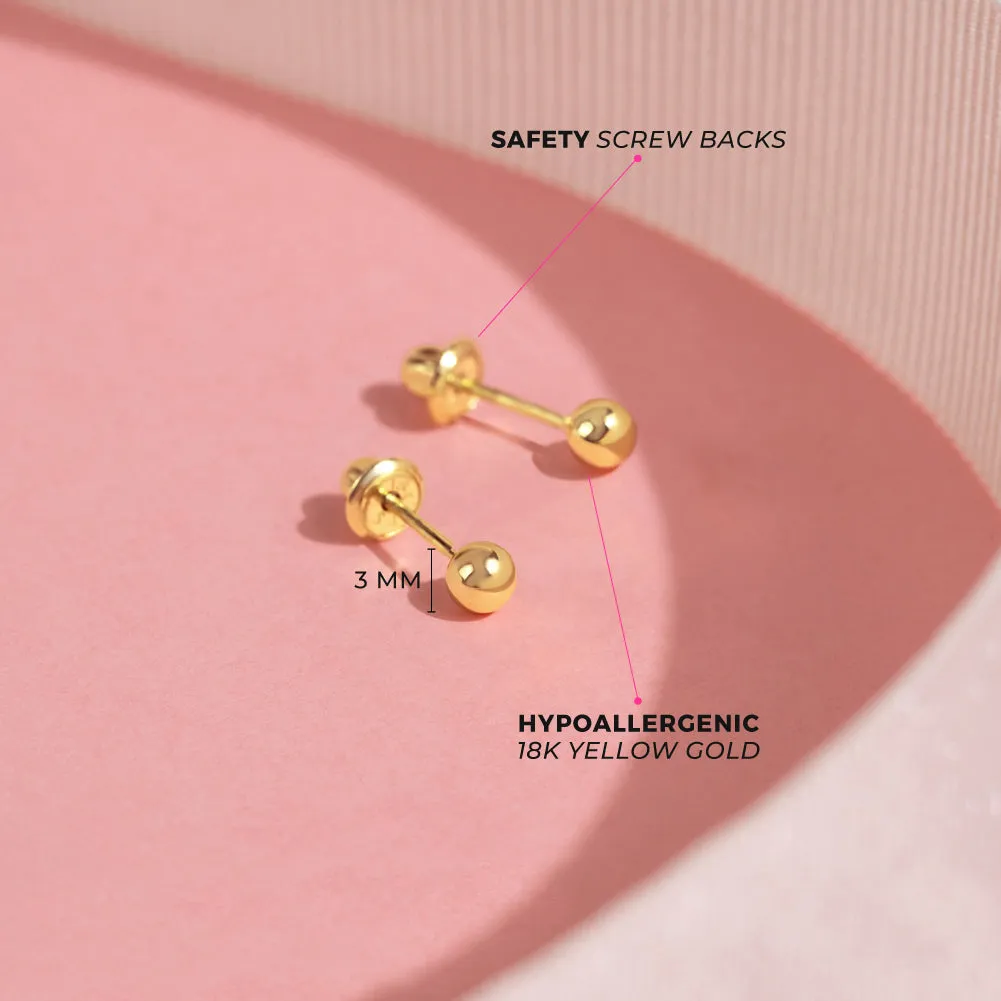 18K Gold Classic Ball 3-5mm Baby / Toddler / Kids Earrings Safety Screw Back