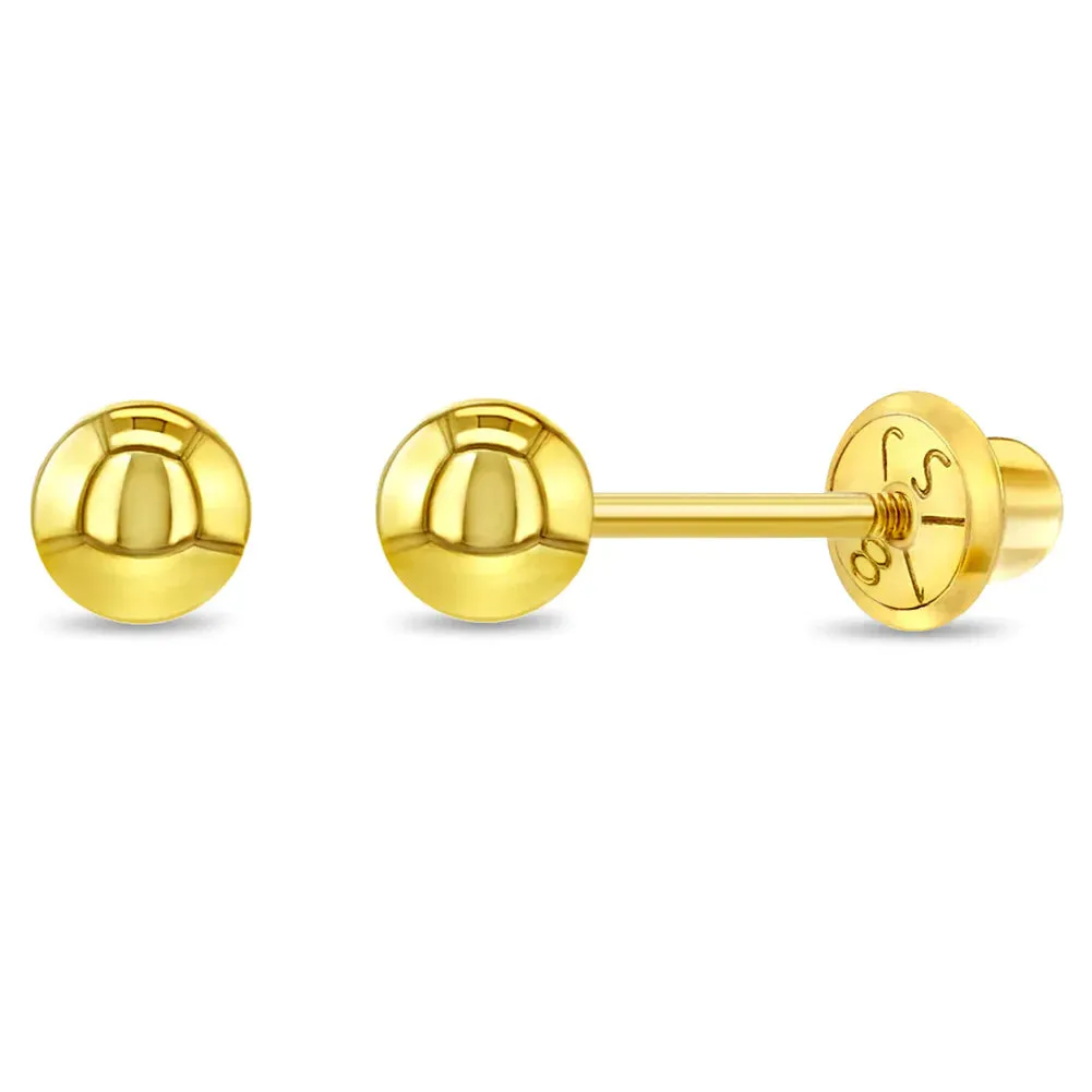 18K Gold Classic Ball 3-5mm Baby / Toddler / Kids Earrings Safety Screw Back