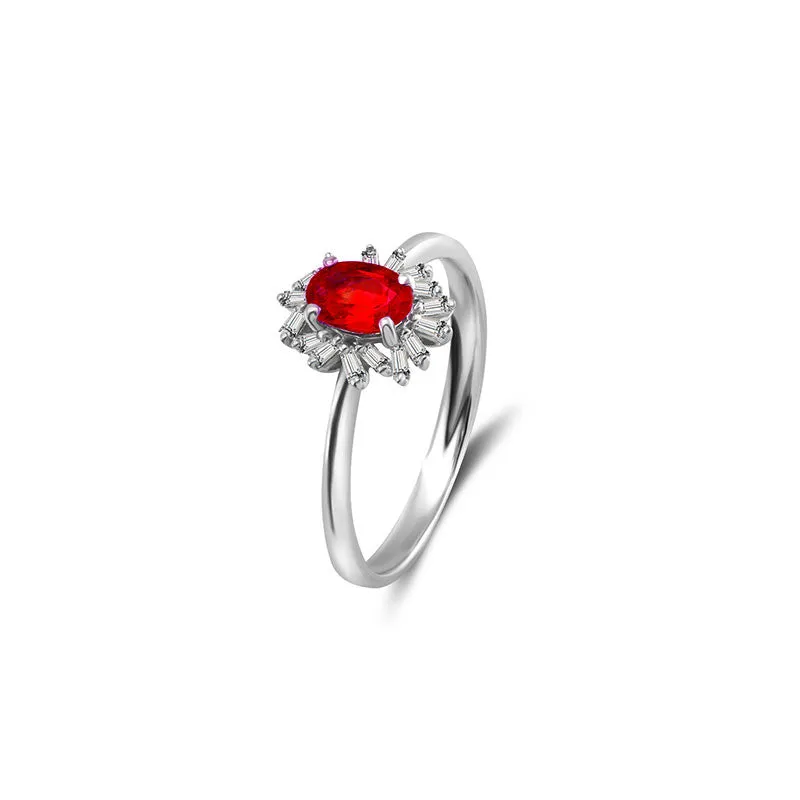 18k Gold Ruby Ring Surrounded by Irregular Shape Diamond