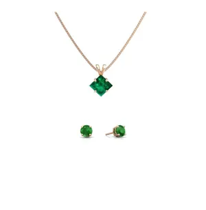 18K Rose Gold 1/2ct Emerald Princess Cut 18 Inch Necklace and Round Earrings Set Plated