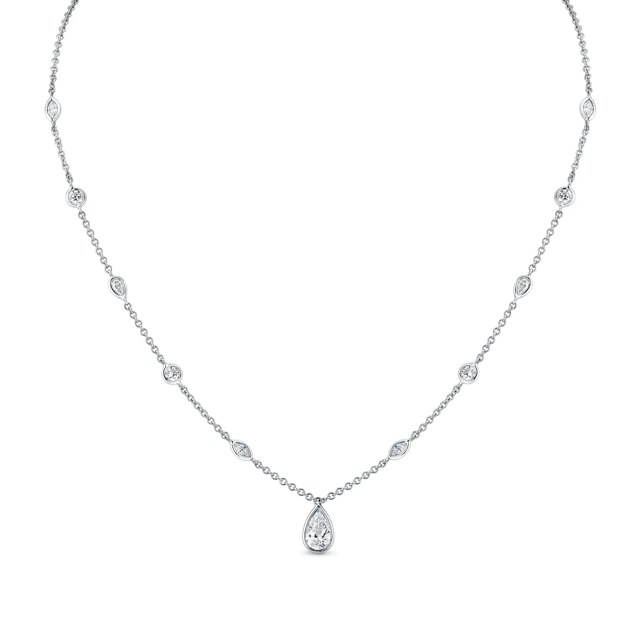 18k Station Necklace with Pear Shape Diamond Pendant