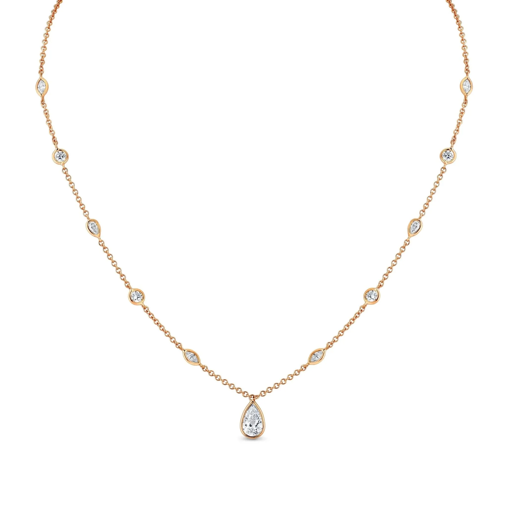 18k Station Necklace with Pear Shape Diamond Pendant