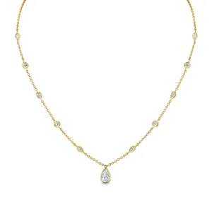 18k Station Necklace with Pear Shape Diamond Pendant