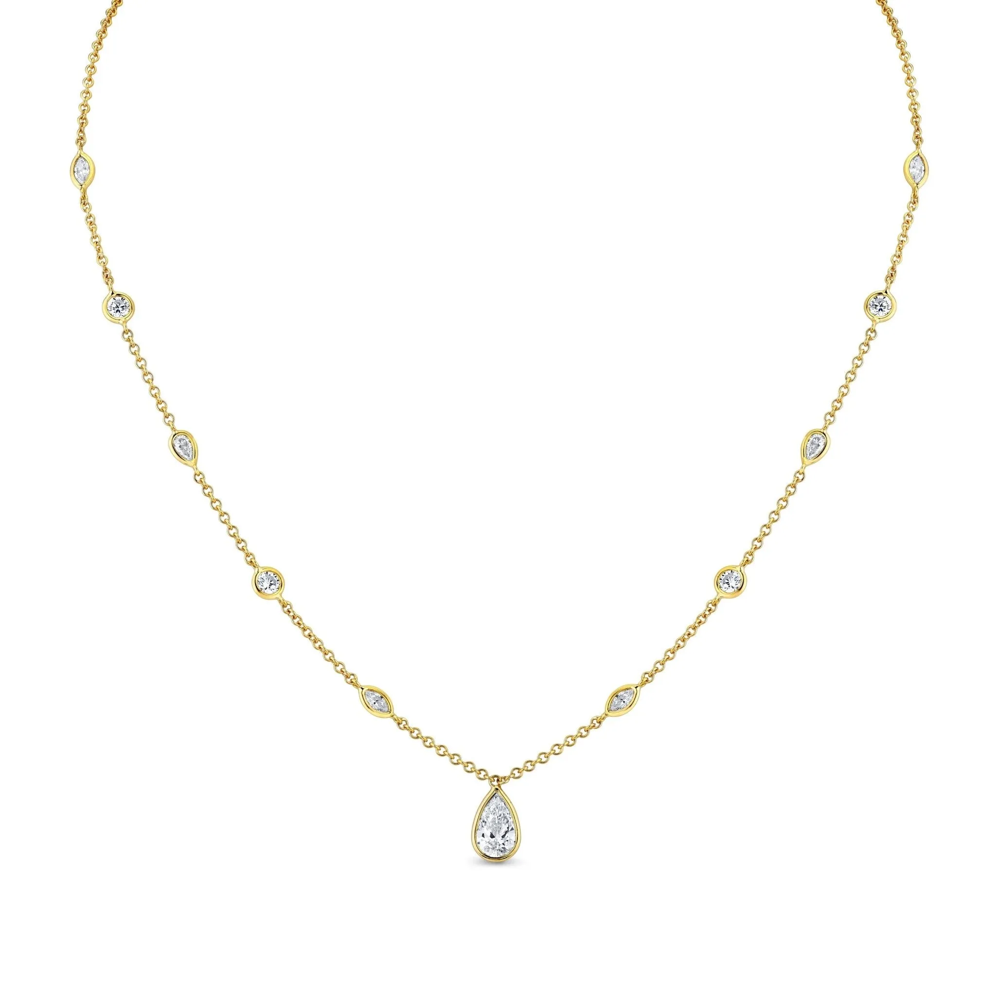 18k Station Necklace with Pear Shape Diamond Pendant