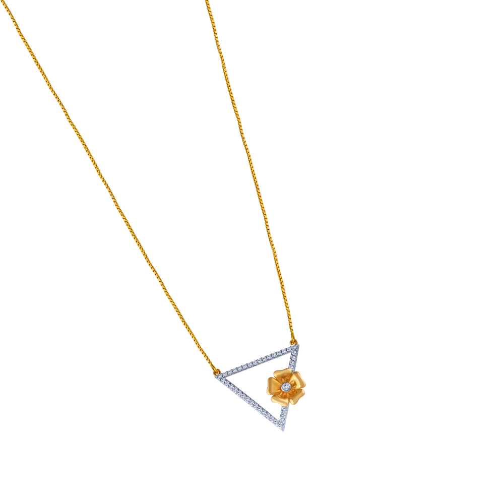 18k Triangle Shape Diamond Necklace With A Flower