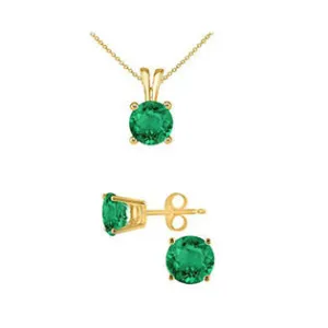 18K Yellow Gold 3ct Emerald Round 18 Inch Necklace and Earrings Set Plated