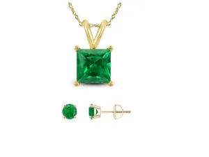 18K Yellow Gold 3ct Emerald Square 18 Inch Necklace and Round Earrings Set Plated