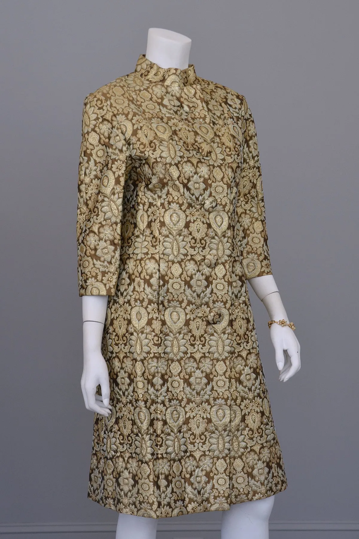 1960's Copper Bronze Brocade MOD Cocktail Evening Coat Mad Men, Size M/L