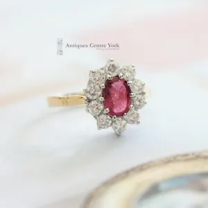 1980's 18ct Ruby & Diamond Oval Cluster Ring