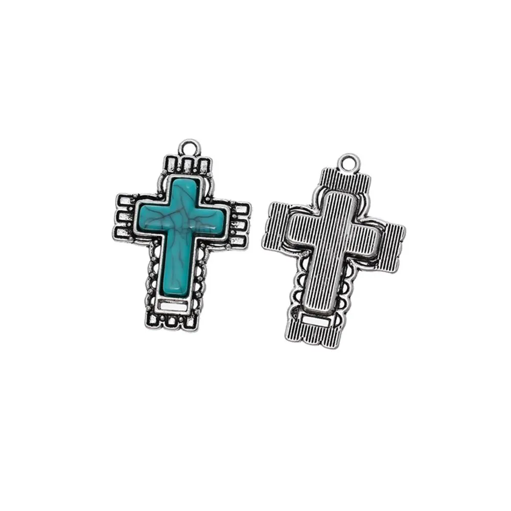 2 Pcs Tibetan Silver EASTER CROSS BLUE IMITATED TURQUOISE 42mm x 29mm Charms Pendants, Lead & Nickel Free Metal Charms Pendants Beads