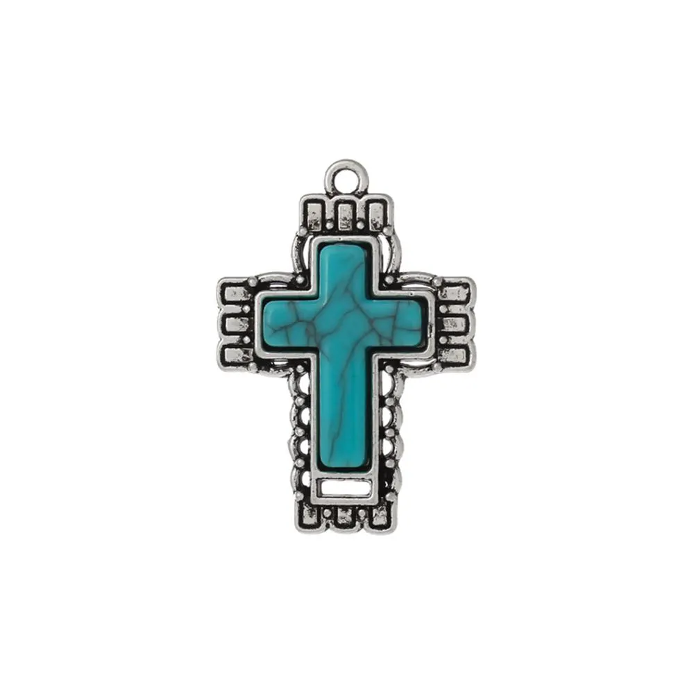 2 Pcs Tibetan Silver EASTER CROSS BLUE IMITATED TURQUOISE 42mm x 29mm Charms Pendants, Lead & Nickel Free Metal Charms Pendants Beads