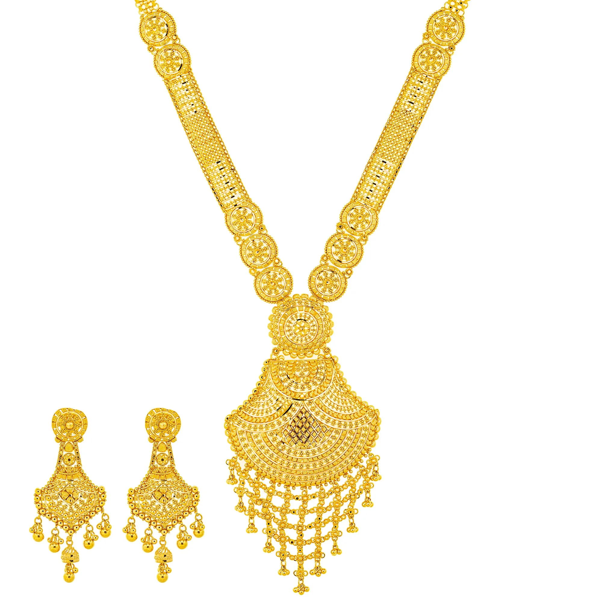 22K Yellow Gold Bridal Necklace & Earring Set (91 grams)