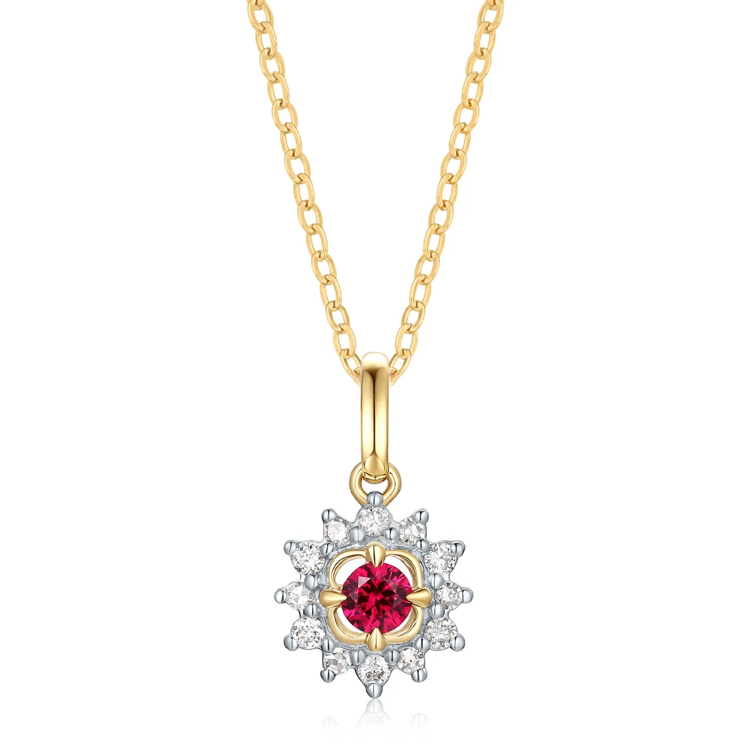 9ct Yellow Gold Round Cut Created Ruby Diamond Set Pendant