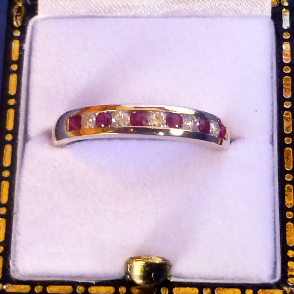 9ct Yellow Gold Ruby and Diamond Channel Set Eternity Ring (Six Rubies) Size O  1/2