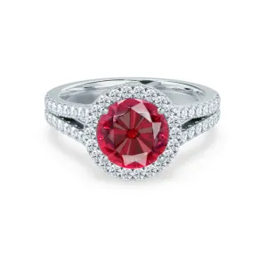 AMELIA - Chatham® Lab Grown Red Ruby & Diamond 18k White Gold Halo Ring