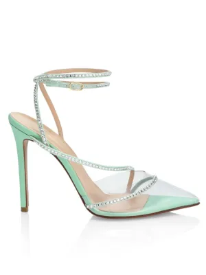 Andrea Wazen Dassy Sunset Leather and Crystal Shoes in Jade Green