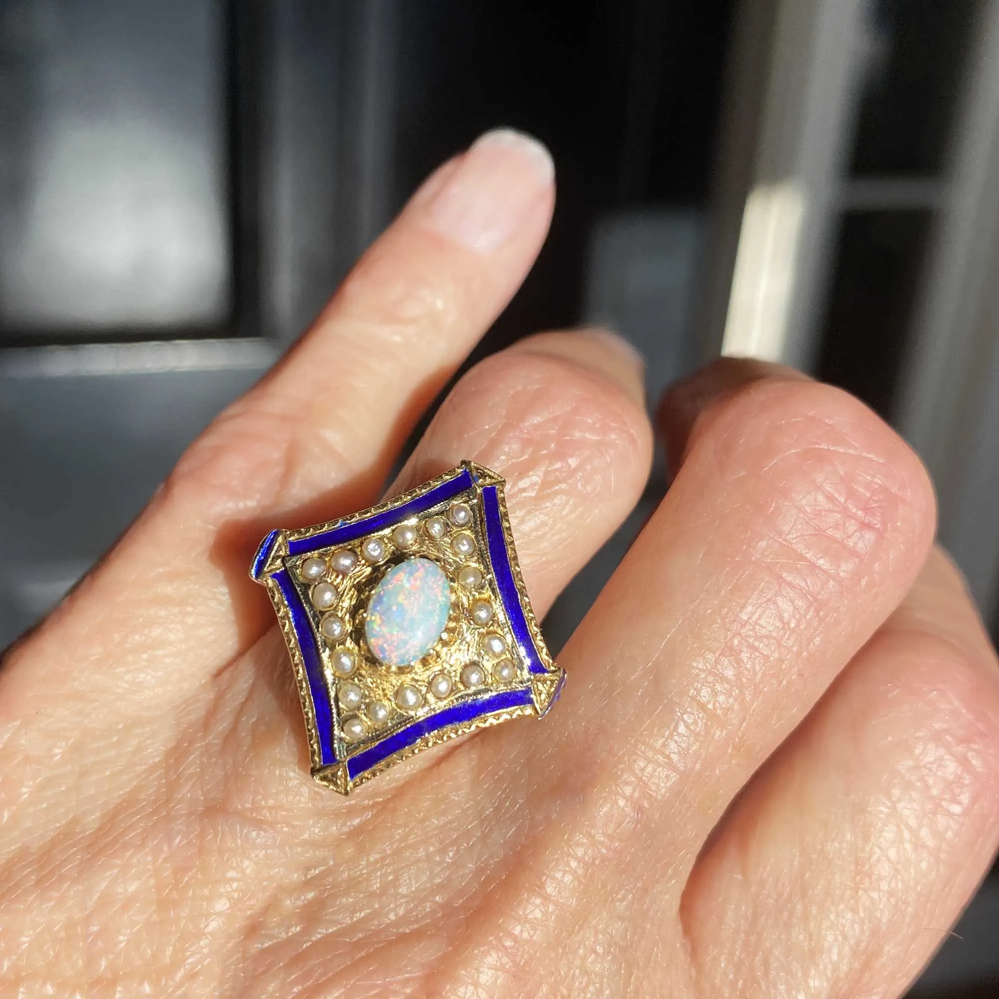 Antique Blue Enamel Pearl Opal Ring in 14K Gold