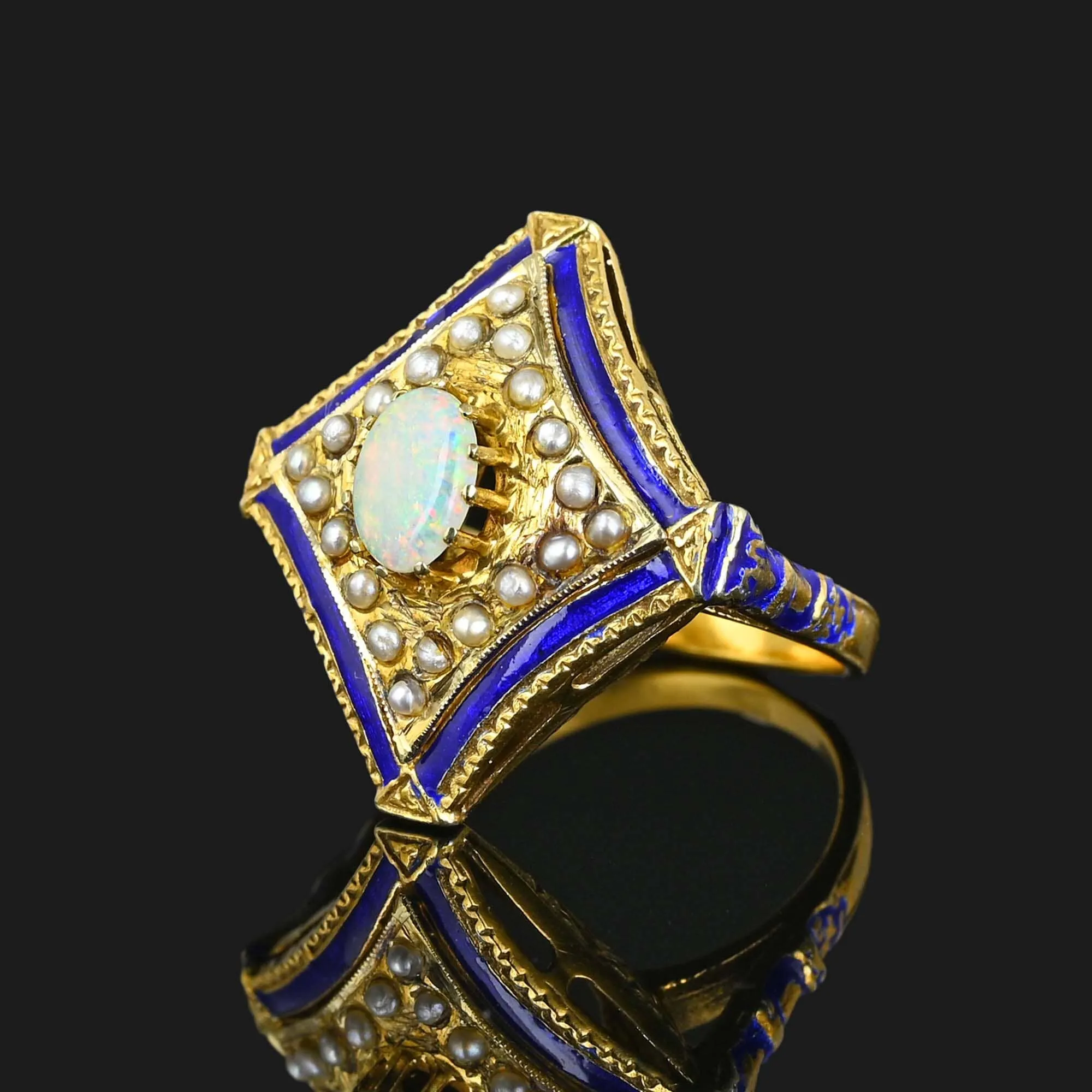 Antique Blue Enamel Pearl Opal Ring in 14K Gold