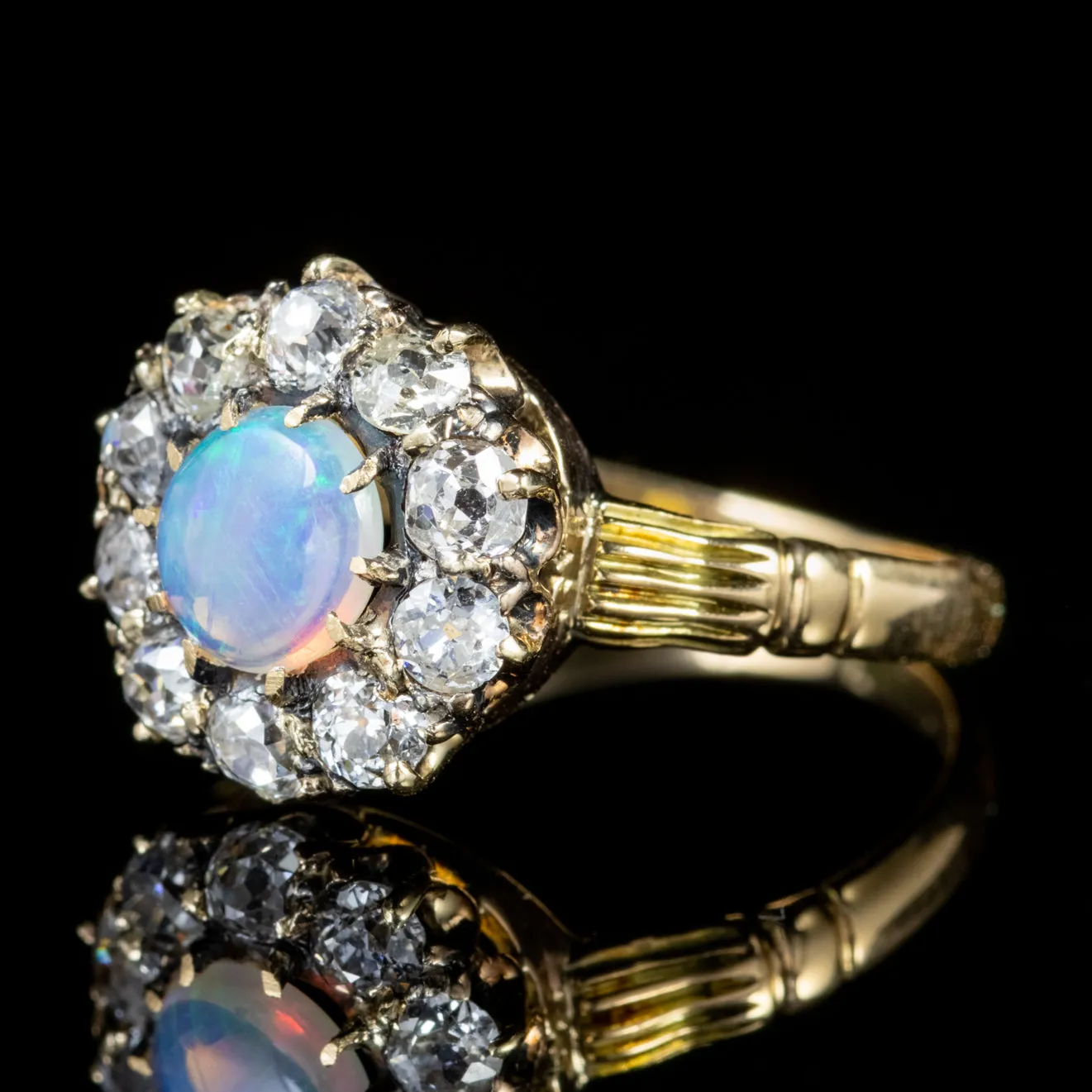 Antique Victorian Opal Diamond Cluster Ring 18Ct Gold Circa 1900