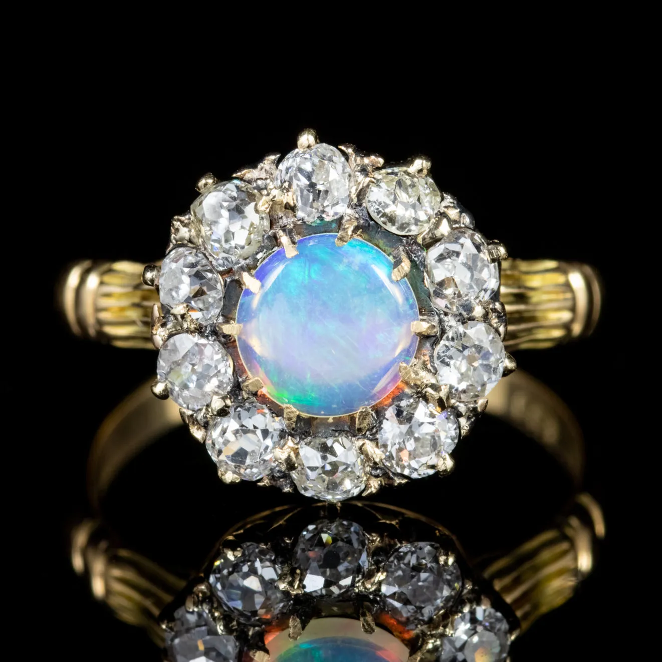 Antique Victorian Opal Diamond Cluster Ring 18Ct Gold Circa 1900