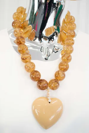 Beaded Heart Marble Effect Necklace in Warm Beige