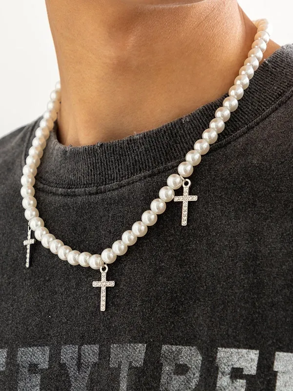 Beaded Pearl Necklace with Cross Pendants