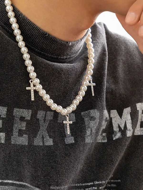 Beaded Pearl Necklace with Cross Pendants