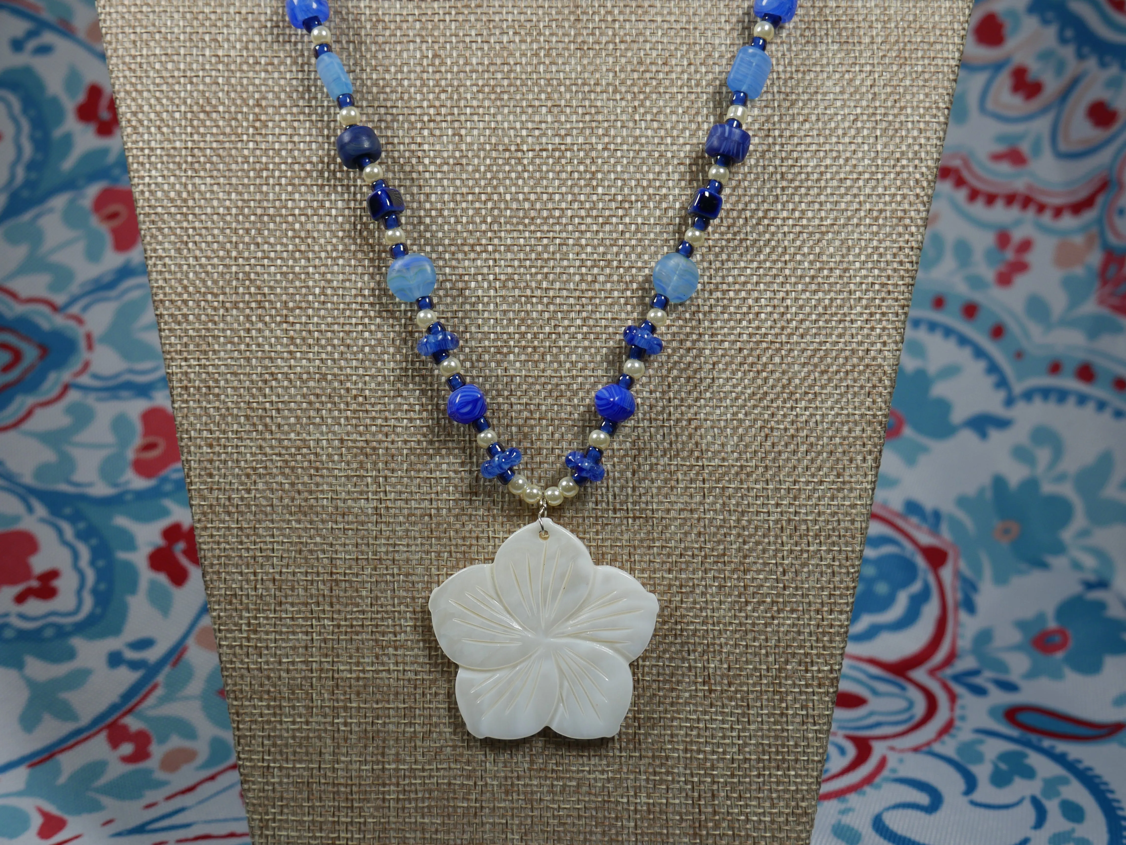 Blue and White Glass Beaded Necklace with Shell Flower Pendant