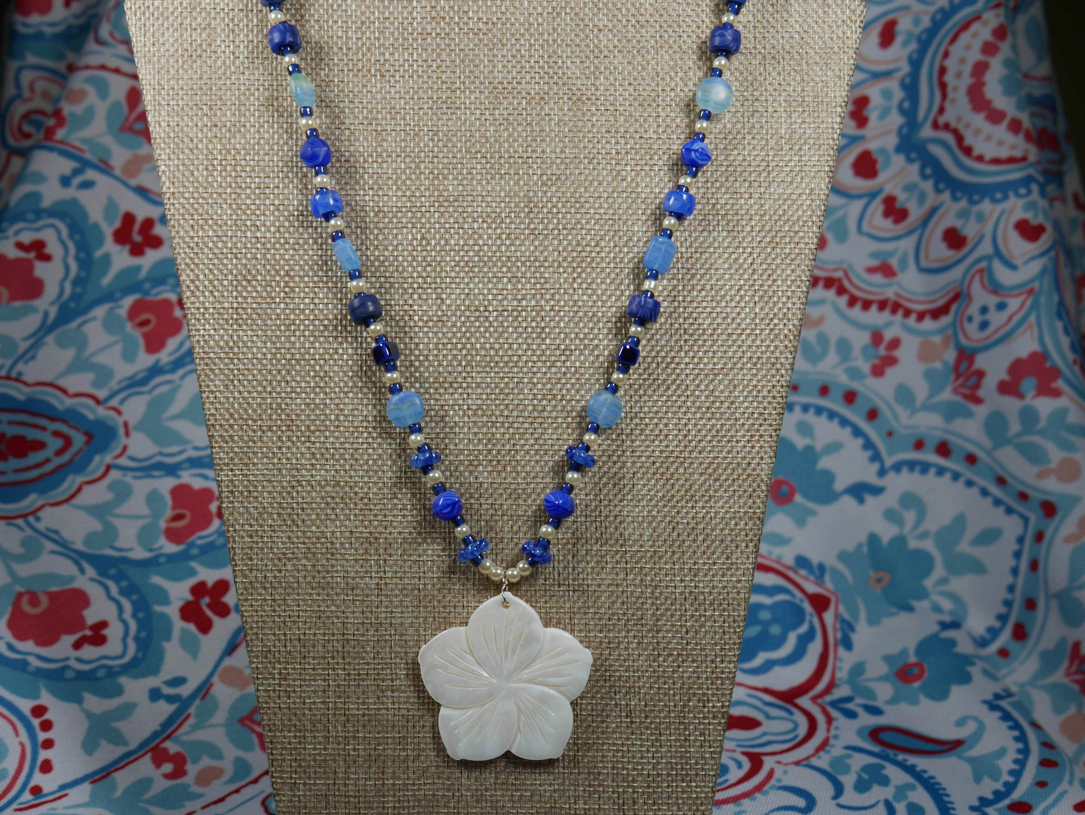 Blue and White Glass Beaded Necklace with Shell Flower Pendant