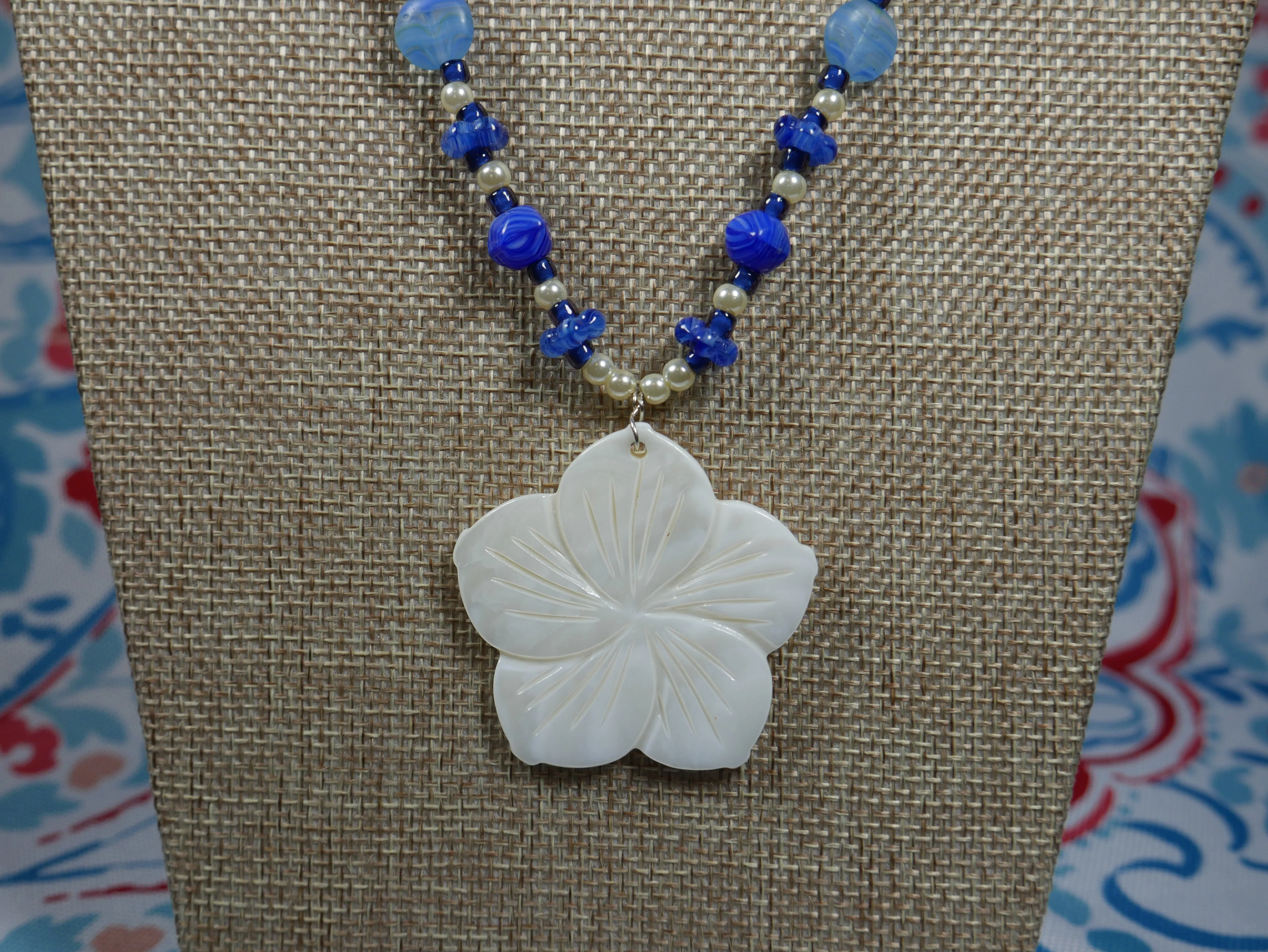 Blue and White Glass Beaded Necklace with Shell Flower Pendant