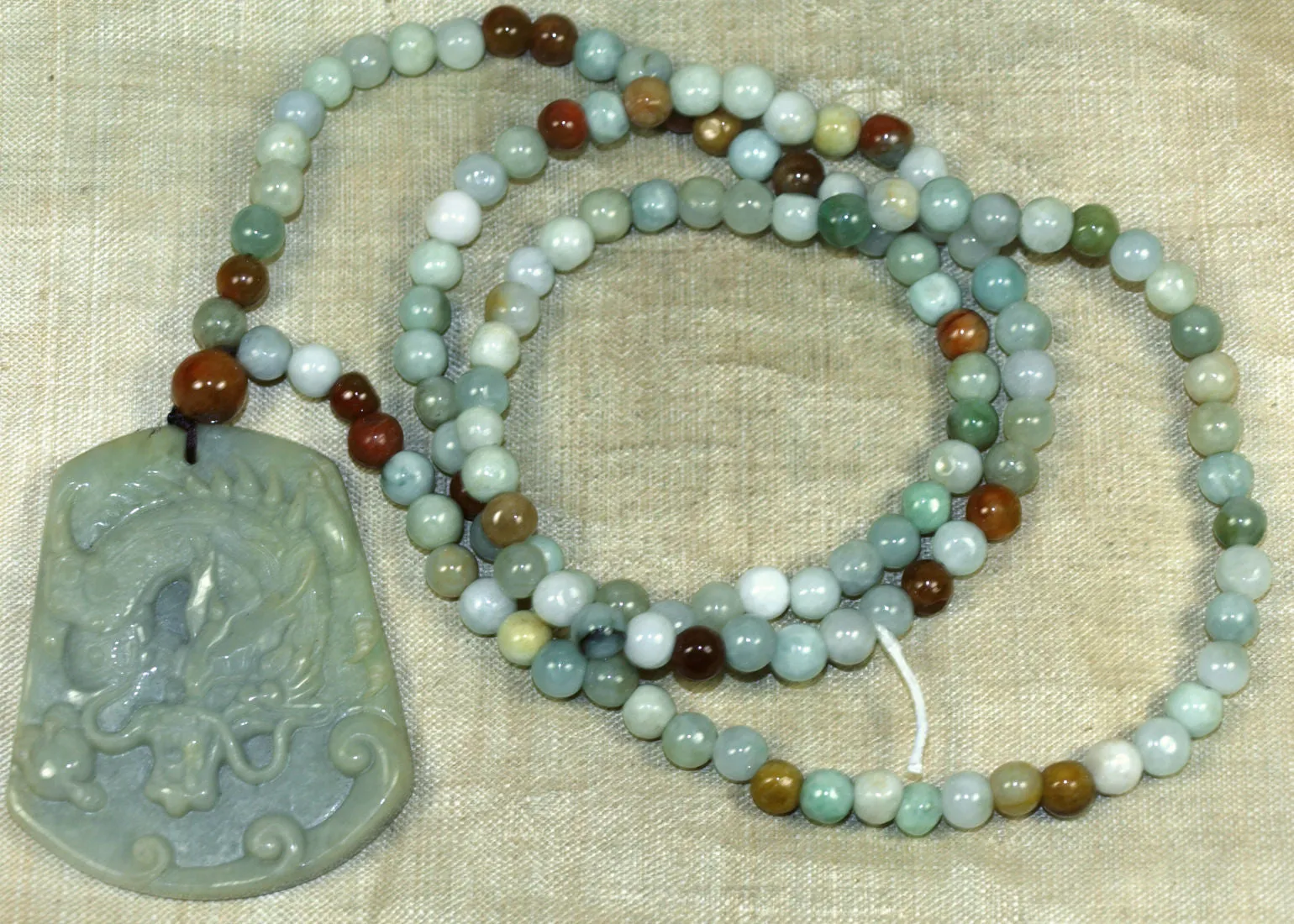 Burmese Jade Bead Necklace with Dragon Pendant